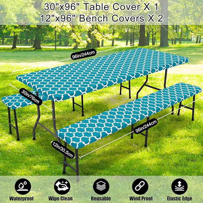 Smiry Picnic Table Cover with Bench Covers, Waterproof Elastic Fitted Tablecloth for 8 Foot Tables, Washable Polyester Tablecloths for Camping, Indoor & Outdoor (Aqua, 30x96 Inch 3-pc Set)