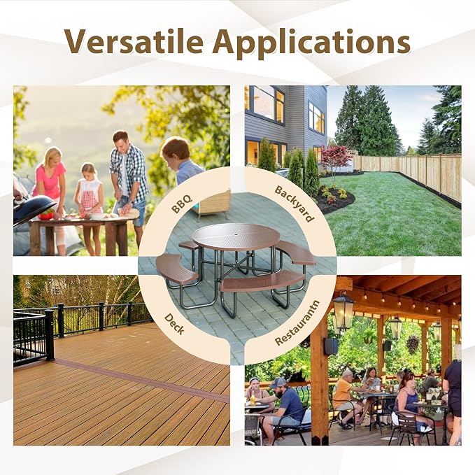 46" Round Metal Picnic Table with Umbrella Hole, Heavy Duty Stainless Steel Outdoor Table, Portable Patio Dining Table for Backyard Garden Picnic (Coffee -Round)