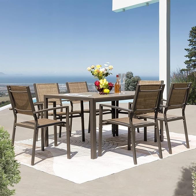 Rankok 7 Piece Patio Dining Set Outdoor Furniture Set with Weather Resistant Table and 6 Stackable Textilene Chairs for Garden, Yard, Garden and Poolside (Brown)