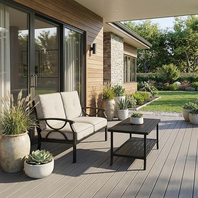 RoyalCraft Outdoor Patio Furniture Set, 3 Piece Patio Conversation Set, Metal Furniture Set for Porch Backyard,Khaki with Gray Cushions