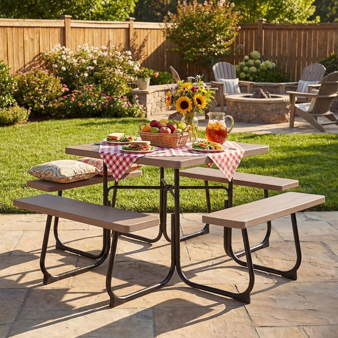 Tangkula 8 Person Picnic Table, Outdoor Square Picnic Table with 4 Built-in Benches, Umbrella Hole, Metal Frame & HDPE Tabletop, Outside Table and Bench Set for Backyard, 2300lbs Weight Capacity