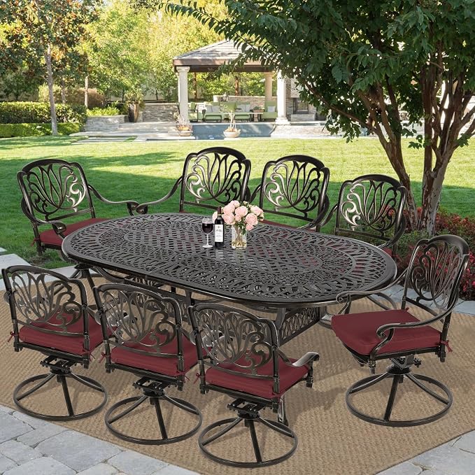 MEETWARM 9-Piece Outdoor Patio Dining Set, All-Weather Cast Aluminum Patio Conversation Set for Backyard Garden Deck with 8 Cushioned Swivel Rocker Chairs, 1 Oval Table, 2" Umbrella Hole, Chili Red