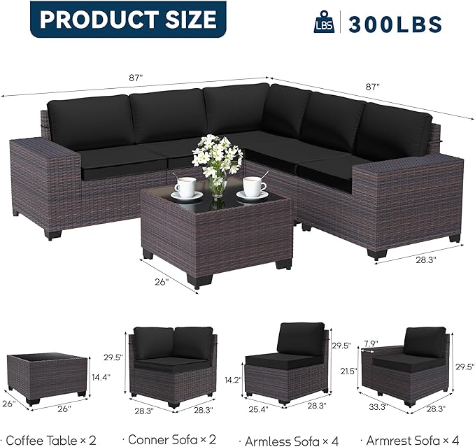 Patio Furniture Set 12 Pieces Outdoor Sectional Sofa Set,PE Rattan Wicker Patio Conversation Set with Thickened Cushions and Glass Coffee Table,Black
