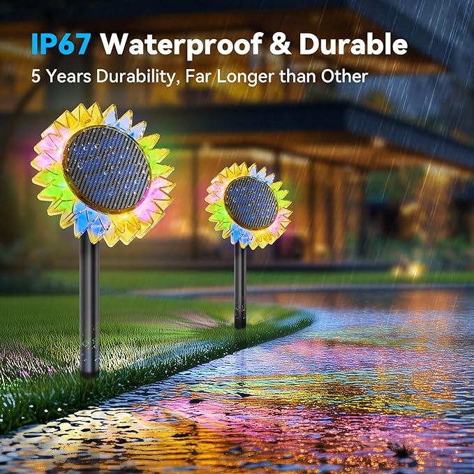 Solar Garden Lights - Upgraded Solar Sunflower Light, Ground/Wall 2 In 1, Outdoor Lights Waterproof IP67,Garden Yard Patio Backyard Pathway Landscape Fence Wall Decoration, Multicolor(6 Pack)