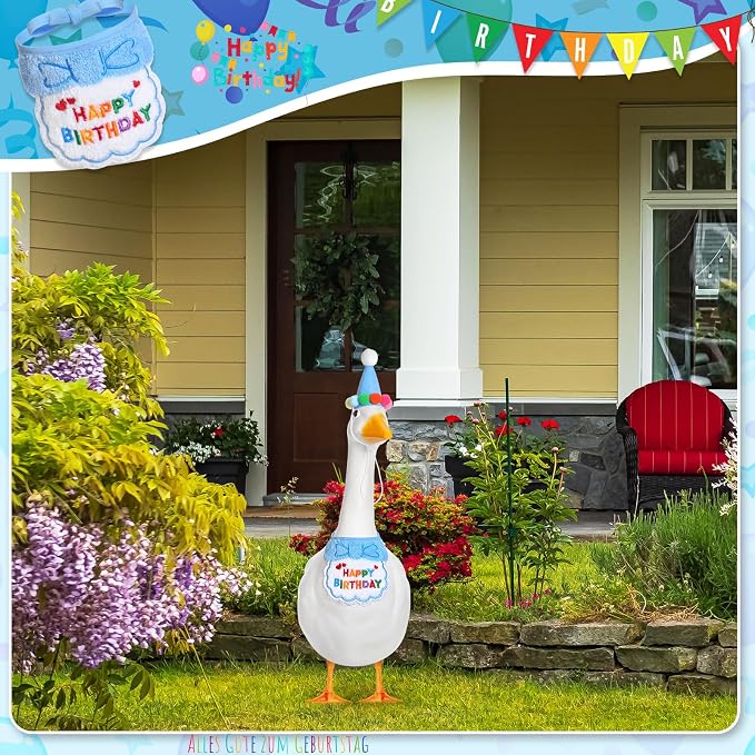Abbylike Happy Birthday Goose Outfit Lawn Porch Goose Outfits with Party Hat Bandana for 23" 17" Cement Plastic Duck Decor(Blue)