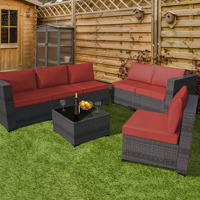 Patio Furniture Set 7 Piece Outdoor Wicker Sectional Sofa - All Weather High Backrest PE Rattan Couch Conversation Set with Cushion & Glass Top Table for Backyard Deck (Red, L-7 pcs w/glass table)