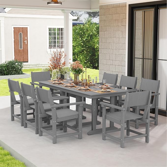 9-Piece HDPE Outdoor Dining Set, Weatherproof Patio Table and Chairs Set for 8, Includes 82.7'' Dining Table and 6 Armchairs, with Umbrella Hole (Grey)