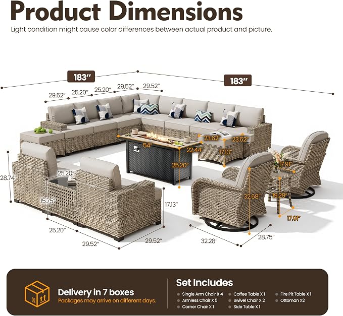 HOOOWOOO Sectional Patio Furniture Set with Fire Pit Table,17 Pieces Wicker Outdoor Furniture L Shaped Couch,Outside Conversation Set Extra Deep Sofa Wide Arm Swivel Chairs Ottoman Solar Light,Gray