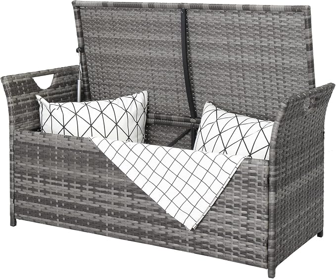 33 Gallon Outdoor Storage Bench with Cushion, Outdoor Wicker Storage Box, Patio Deck Box with Seat, for Garden, Balcony, Poolside, Grey
