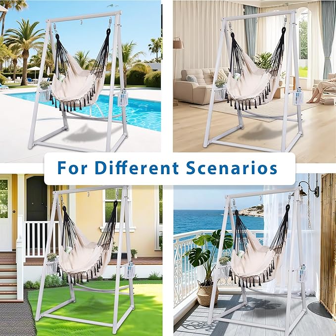 Hammock Chair with Stand Hanging Rope Swing Chair, Heavy-Duty Steel Max 350 LBS Capacity for Indoor Outdoor Patio Garden Balcony (White)