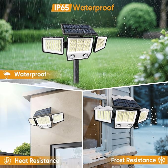 MDCMDCM Solar Motion Sensor Outdoor Lights Waterproof - 3000LM 3 Modes Security Lights Outdoor 270° Illumination IP65 LED Solar Flood Wall Light for Garden Yard Patio Pathway (with Stakes, 1)