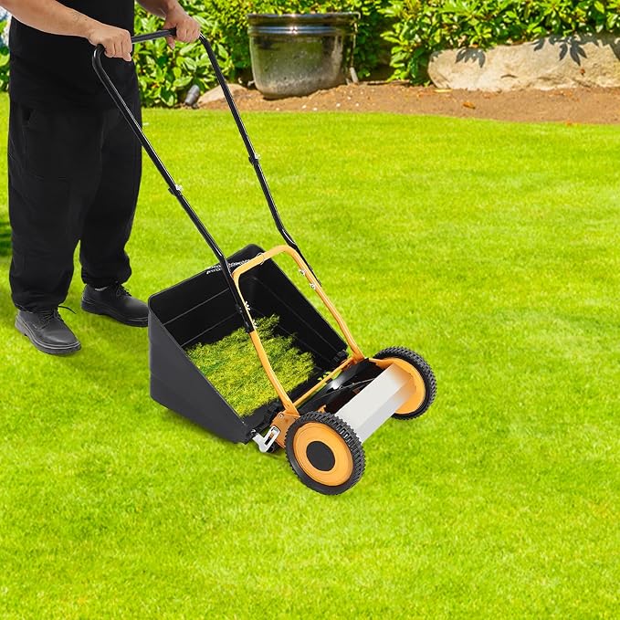 Lawn Mower, Hand Push Lawn Mower 5-Blade Wheeled Reel Mower with 14 Inches Cutting Width, Height Adjustable Grass Trimmer with Grass Collecting Box, 2-in-1 Function Lawnmower for Garden Backyard