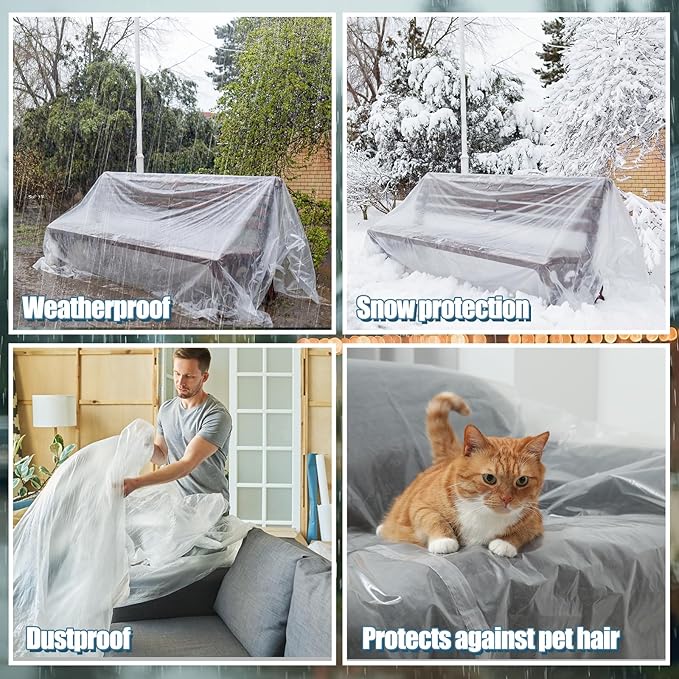 Windyun 4 Pack Patio Chaise Lounge Cover for Furniture, Outdoor Waterproof Loveseat Bench Cover, Clear Plastic Couch Chair Slipcovers Dustproof for Sofa Moving Storage Protector