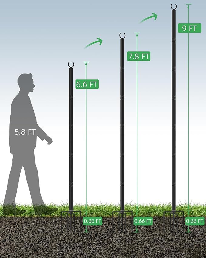 LAND·VOI Outdoor String Light Poles 1 Pack, Heavy Duty String Light Poles for Outside with 5-Prong Base & Adjustable Height, Perfect for Backyard, Patio, Garden, Fence and Party Decor