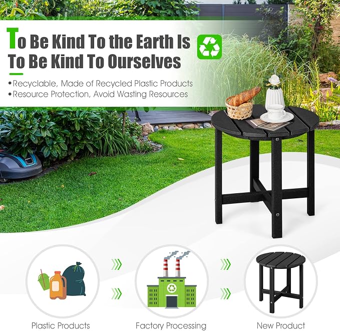 Tangkula Round Outdoor Side Table, 18 Inch Weather Resistant HDPE Adirondack Table, Outdoor Indoor Chairside End Tables, Patio Side Table for Lawn Garden Balcony Backyard, Easy Assembly (1, Black)
