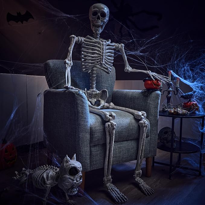 JOYIN 5.6 FT Halloween Posable Life Size Skeleton Full Body Realistic Bones with Movable Joints for Halloween Indoor and Outdoor Decoration Props Spooky Scene Party Decorations (White)