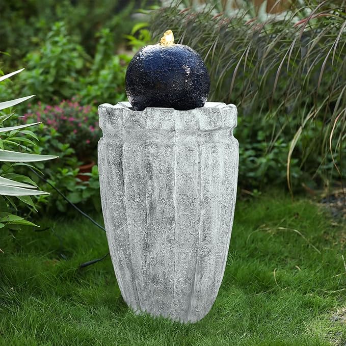 Cast Stone Sphere Zen Fountain Outdoor Indoor Modern Ball Fountains with LED Lights Round Water Features Decor for Garden Patio Living Room Office Black and White 25.6” High