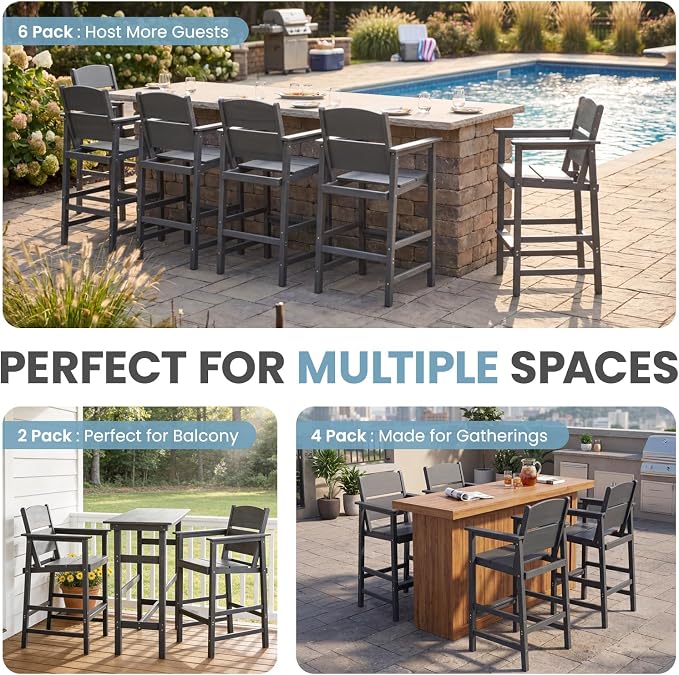 HDPE Outdoor Bar Height Chairs Set of 6, 28.5" Seat All-Weather High Top Patio Stools with Backrest, Heavy Duty Patio Bar Stools with Arms, High Top Outdoor Chairs for Deck/Party/Pool, Grey