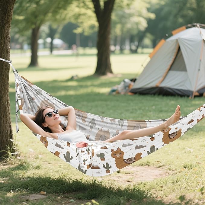 Camping Hammock Outdoor Hammocks for Outside Cactus Brown Alpaca Beach Trees Portable Lightweight with Pockets Tree Straps Indoor