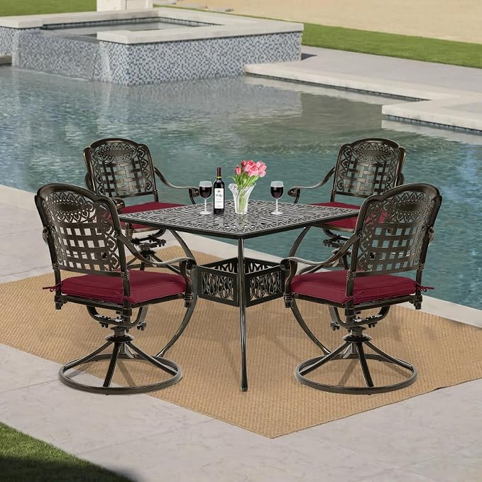VIVIJASON 5-Piece Outdoor Patio Dining Set, All-Weather Cast Aluminum Conversation Set for Balcony, Patio Furniture Set Include 4 Swivel Cushioned Chairs, 1 Square Table w/Umbrella Hole, Red Cushion
