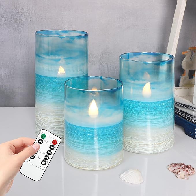 Blue Flickering Flameless Candles with Remote - Glass Battery Operated LED Pillar Candles for Beach/Coastal Theme Wedding Decorations (Set of 3)