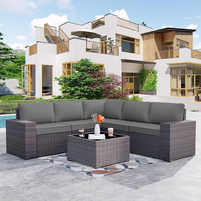 Patio Furniture Set Sofa 6-Pieces Wicker Sectional Sofa Set, Outdoor Furniture Rattan Patio Conversation Set with Thickened Cushion and Glass Coffee Table, Grey