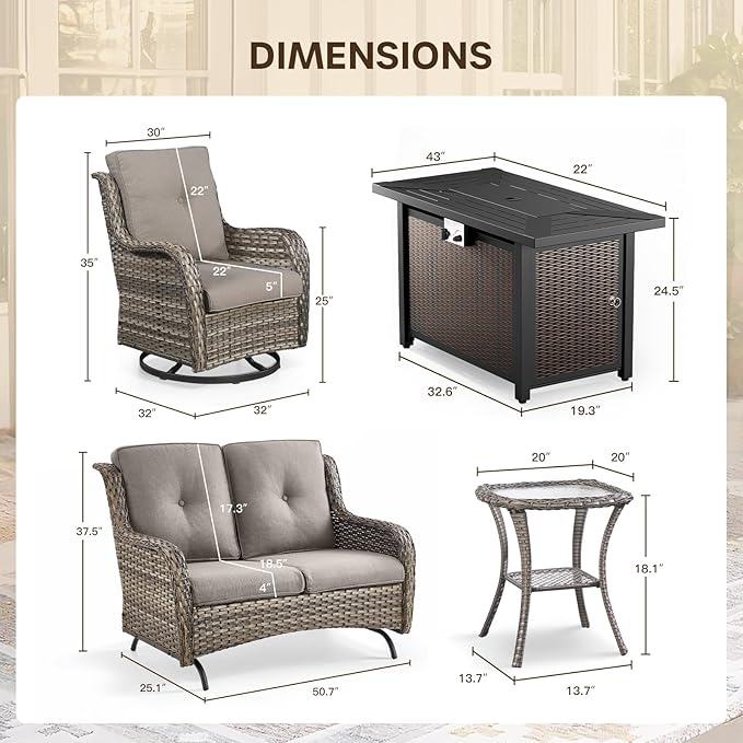 Patio Loveseat Glider Set, Resin Wicker Loveseat Glider with 4 Swivel Patio Chiars Rectangular Firepit Table, 7 Piece Patio Conversation Loveseat Set, Grey Wicker|Grey Cushions