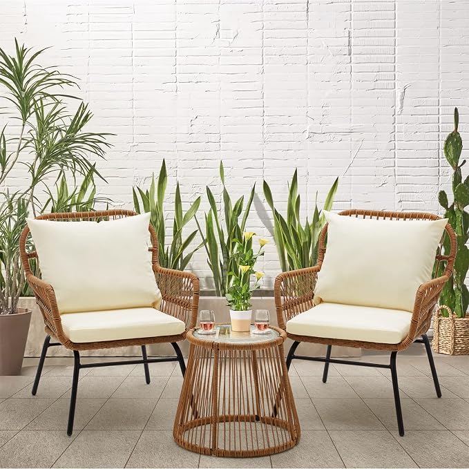 EROMMY 3-Piece Patio Conversation Bistro Set, Outdoor All-Weather Wicker Balcony Furniture with Tempered Glass Top Table & 2 Wide Ergonomic Armchairs, Seat Cushions for Porch, Backyard, White