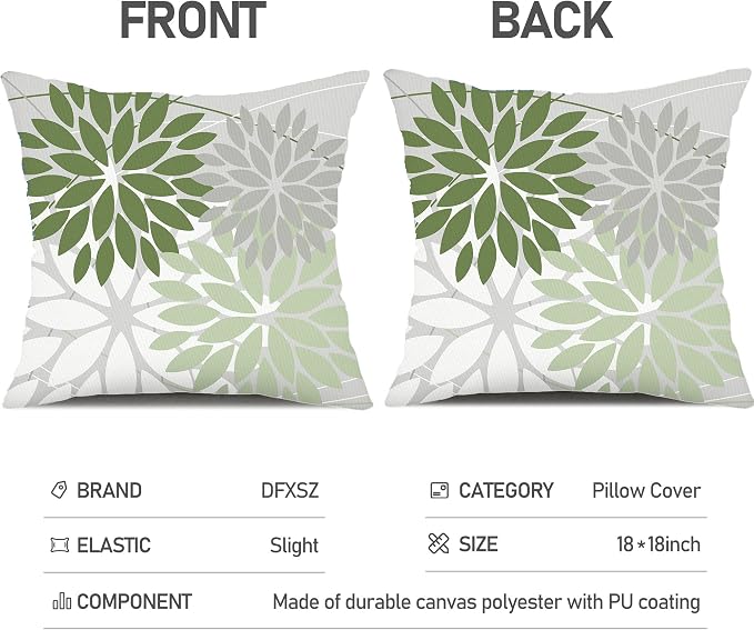 DFXSZ Pack of 2 Outdoor Waterproof Throw Pillow Covers 20x20 Green White | Polyester Colorful Spring Summer Floral Decorative Cushion Cases(NO INSERT),For Couch Patio Funiture Garden Home Decor
