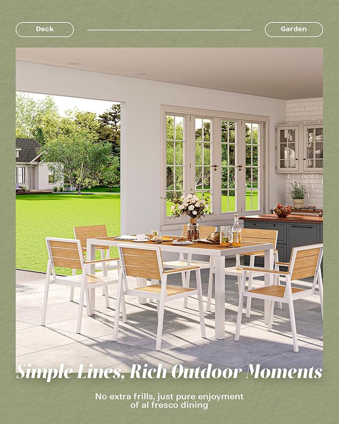 Vexwalx 5-Piece Outdoor Dining Set, Aluminum Dining Table Set for 4, Patio Table and Chairs Set with Umbrella Hole, All Weather HDPS Outdoor Table and Chairs for 4 (White-Teak)