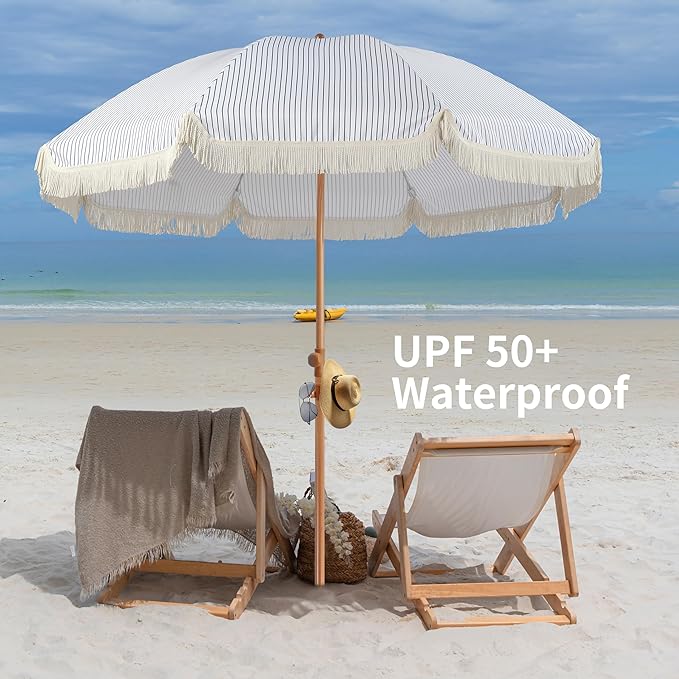 Seazul 7.5ft Patio Umbrella with Fringe, Beach Umbrella, Fringe Umbrella Outdoor Patio with Hanging Hook, Tilting Aluminum Pole, UV 50+, Fiberglass Ribs, Blue White Stripe