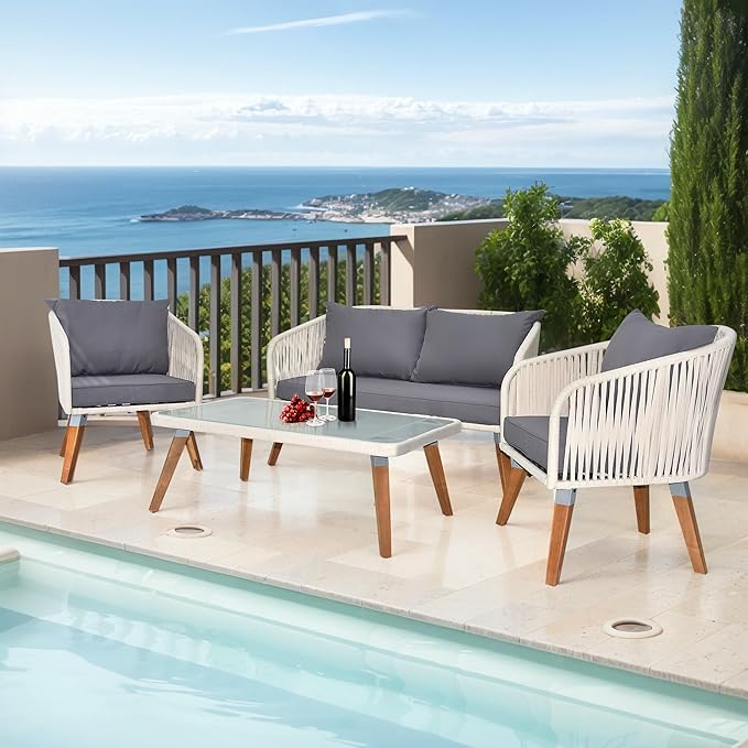 VINGLI 4 Pieces Outdoor Patio Furniture Set, Wicker Conversation Sofa Sets for Balcony, Porch or Backyard