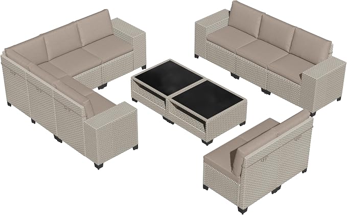 12-Piece Outdoor Patio Furniture Set, Modular Sectional Sofa Set with Glass Coffee Table and Cushions, Wicker Outdoor Couch Conversation Sets, Khaki