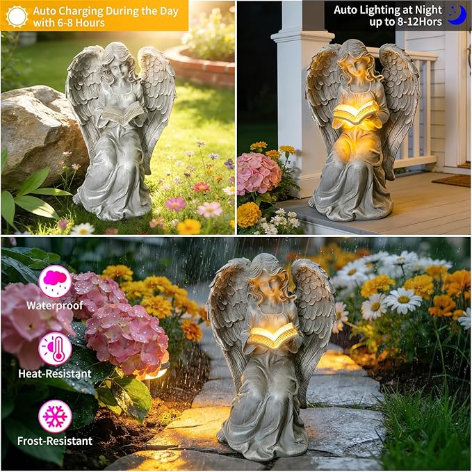 Solar Garden Outdoor Angel Book Statues,Book Lovers Gifts for Balcony Patio Lawn Table Yard Ornaments, Solar Resin Fairy Waterproof LED Lights,Mother's Day,Birthday Gifts for Women Mom Grandma
