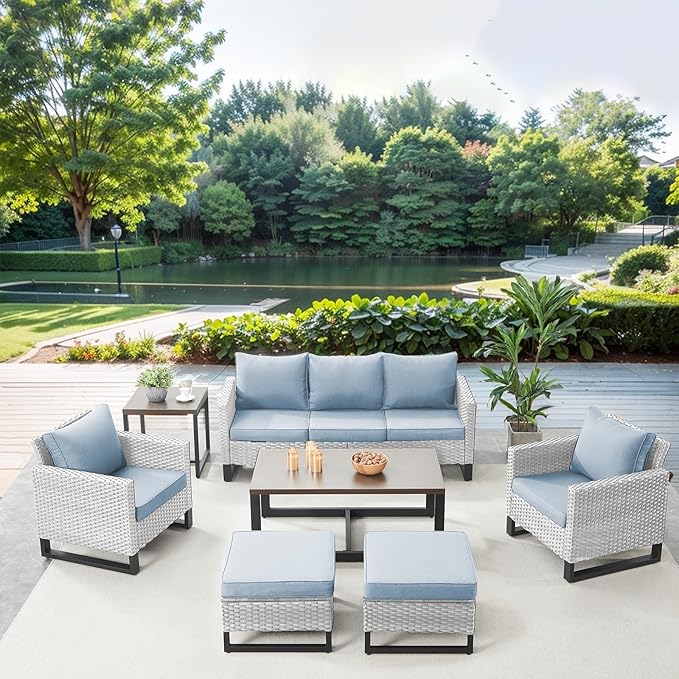 Belord 7 Piece Outdoor Furniture Patio Wicker Sofa Set, Oversize Outdoor Dining Chairs with Rattan Ottomans, Conversation Sets Patio Furniture Come with Removable Cushion Baby Blue, Light Grey