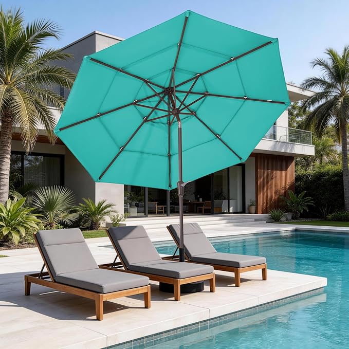 JEAREY 9FT 3 Tier Patio Umbrella Outdoor Market Umbrella Table Umbrellas with 8 Ribs 1.5 Pole Push Button Tilt and Crank UV Protection for Garden,Peacock Blue