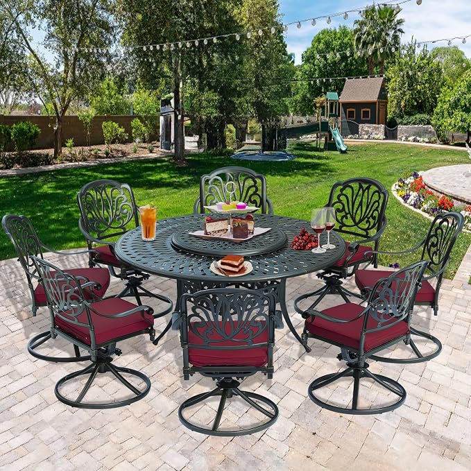 9-Piece Patio Cast Aluminum Dining Set for 8, Outdoor Dining Furniture Set, Includes 8 Cushioned Chairs and 61" Large Round Dining Table with 31" Lazy Susan, Umbrella Hole, Red