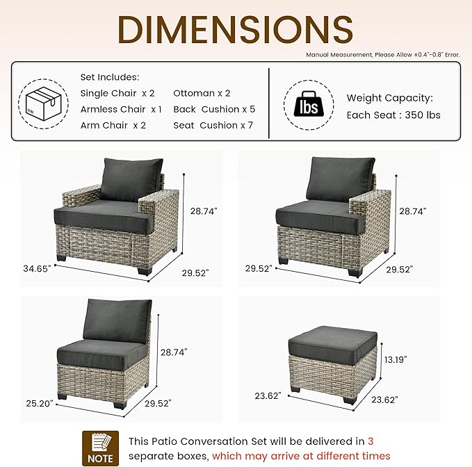 Patio Furniture Sets 7 Pieces Outdoor Sectional Rattan Sofa Manual Weaving Wicker Patio Conversation Set with Ottomans and T Cushion(Black)