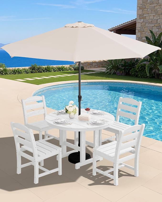 SERWALL 5-Piece Patio Dining Sets, HDPE Outdoor Table and Chairs Furniture Set, 45" Round Dining Table and 4 Armless Dining Chairs, White