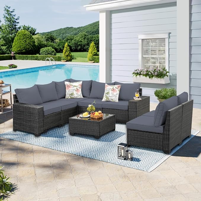 8 Pieces Patio Furniture Set, Wicker PE Rattan Outdoor Sectional with Cushion & Coffee Table, Patio Conversation Sofa for Garden, Backyard, Poolside, Grey