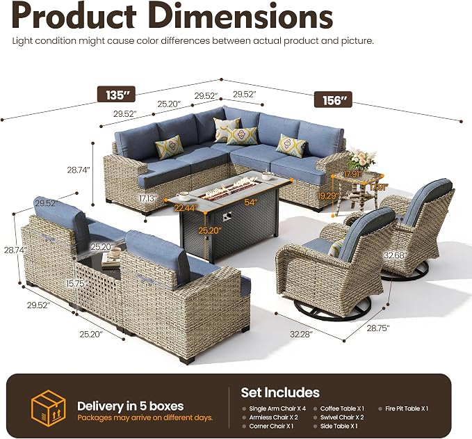 HOOOWOOO Sectional Patio Furniture Set With Fire Pit Table,12 Pieces Wicker Outdoor Furniture L Shaped Couch,Outside Conversation Set Extra Deep Seat Sofa Wide Arm Swivel Chairs Solar Light,Denim Blue