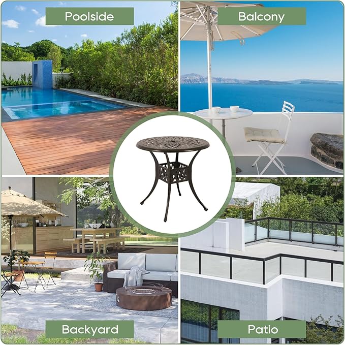 Patio Dining Table,Cast Aluminum Patio Table with Umbrella Hole, Outdoor Bistro Table for Backyard, Garden, Patio (31" Round Table)