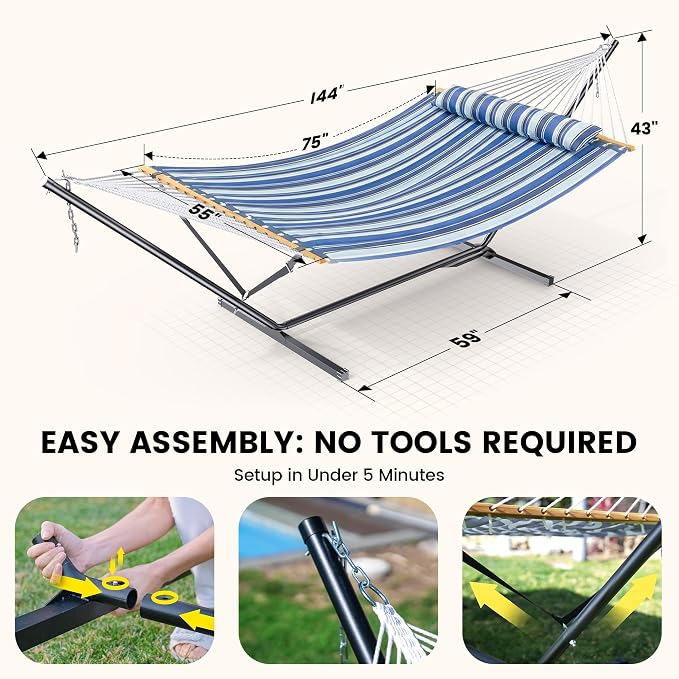 ANAGOO Double Hammock with Stand, Heavy Duty Outdoor Hammock for Two, 500 LBS Capacity, Stable Steel Frame with Balance Strap, Easy Tool-Free Assembly for Patio, Garden, Backyard & Beach,Blue