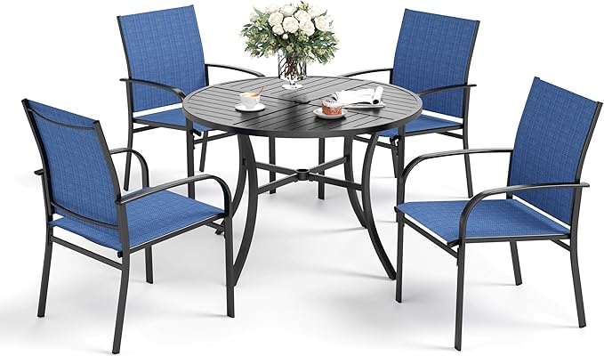 SUNSHINE VALLEY 5 Piece Patio Dining Set for 4, 42" x 42" Round Metal Table with Umbrella Hole and 4 Blue Chairs, Outdoor Table and Chairs Set for Lawn Backyard and Deck