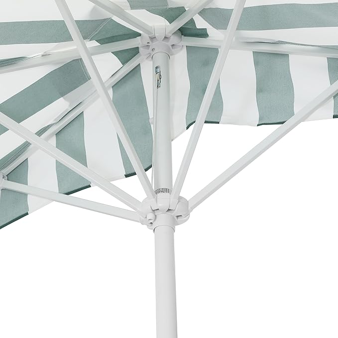 JONATHAN Y Beverly 9 ft. Coastal Green and White Striped Half Patio Umbrella with Scalloped Fringe, Crank Lift, and Manual Tilt for Balcony, White Pole UMB1201L