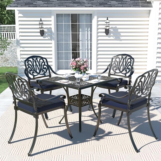 MEETWARM 35.4" Square Patio Dinning Table, Outdoor Cast Aluminum Dinning Large Table with 2.2" Umbrella Hole, Dark Bronze