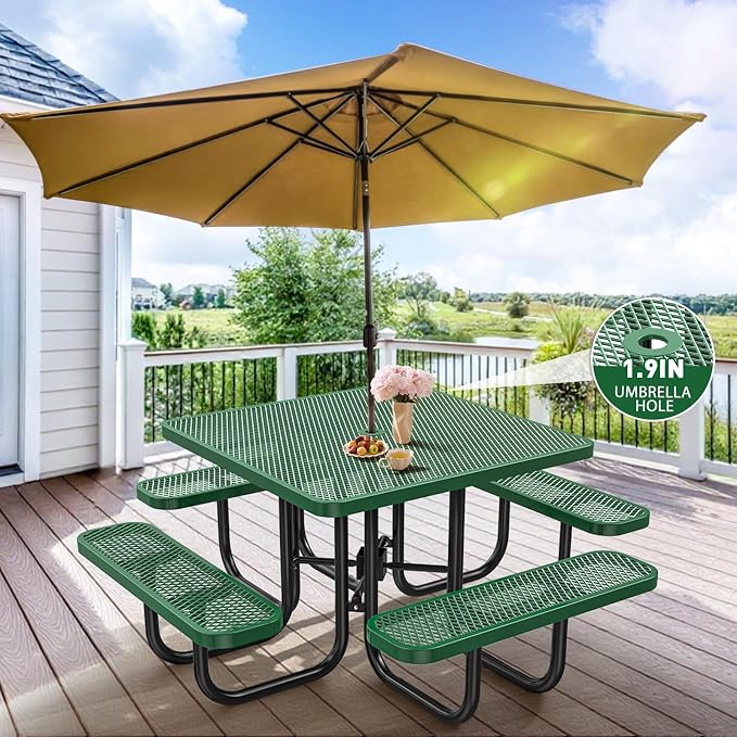 46IN Square Outdoor Picnic Table with Attached Seats, Heavy-Duty Metal Expanded Mesh Patio Table, 1600LBS Load Capacity Commercial-Grade Table for Park, Backyard, Deck, Green