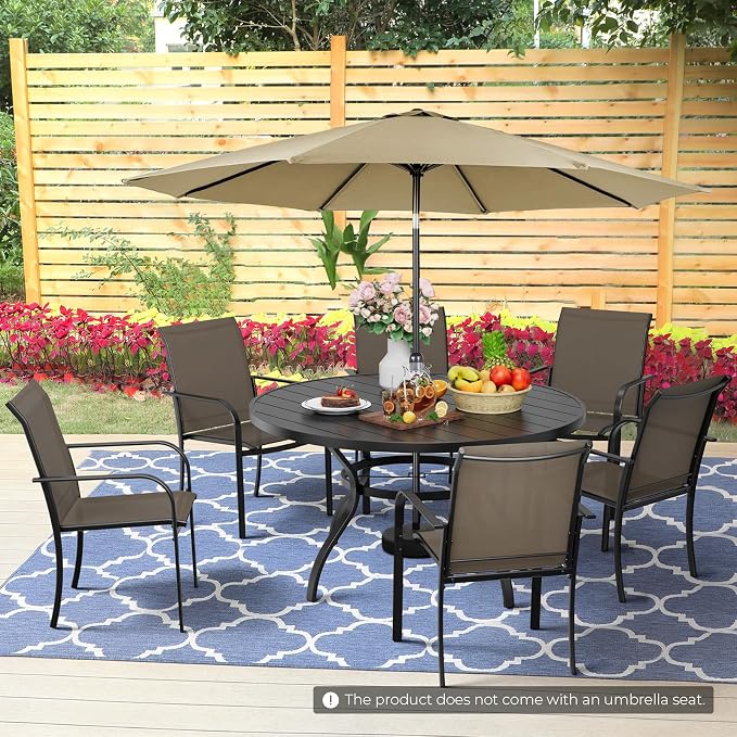 Incbruce 8 PCS Patio Dining Set with Brown Umbrella, Outdoor Dining Set of 6 Textilene Chairs and 53" Round Table with Umbrella Hole for Backyard, Garden, and Poolside (Brown)