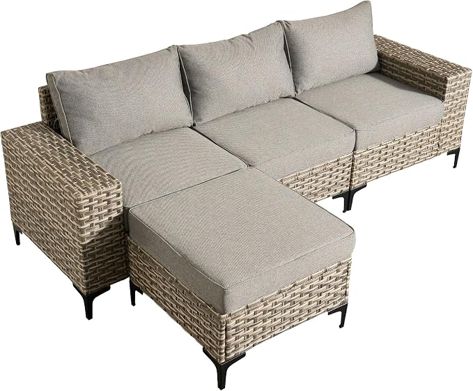 4-Piece Wicker Outdoor Sectional Furniture, Wide Armrest L-Shaped Patio Couch Set with Ottoman, Modern Modular Conversation Sets with Thick Cushion for Backyard Porch Balcony, Dark Gray