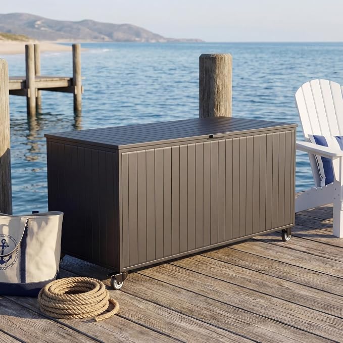 Outdoor Storage Box with Wheels 250 Gallon, Metal Deck Boxes Waterproof, UV Resistant Patio Storage Box with Lid for Patio Furniture, Garden Tools,Outdoor Cushion (Black)